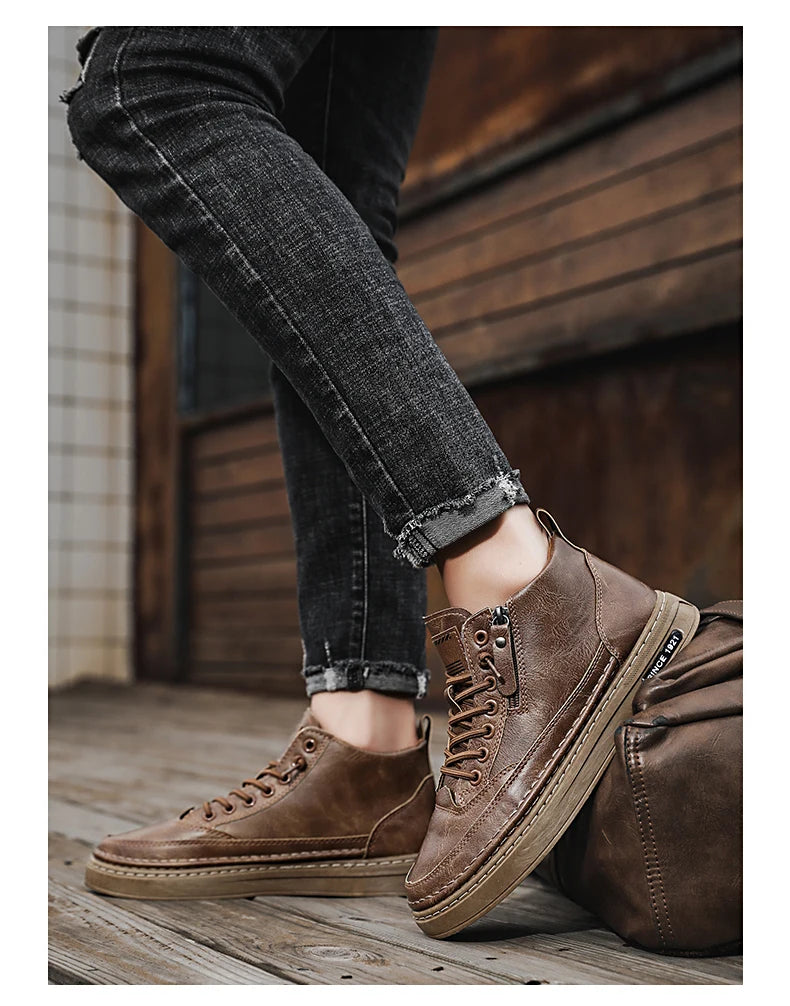 Men's boots autumn and winter new warm plush outdoor casual boots work boots fashion versatile soft soled comfort leather boots