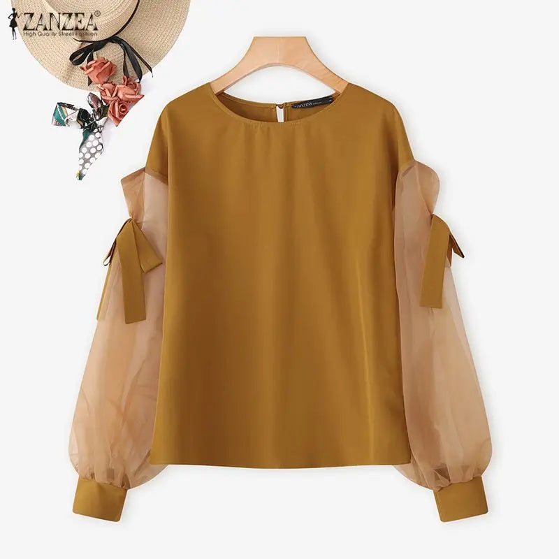 ZANZEA Elegant Bow Women Blouse 2025 Autumn Fashion Mesh Patchwork Long Lantern Sleeve Casual Tops Shirts Korean Ladies Blusas