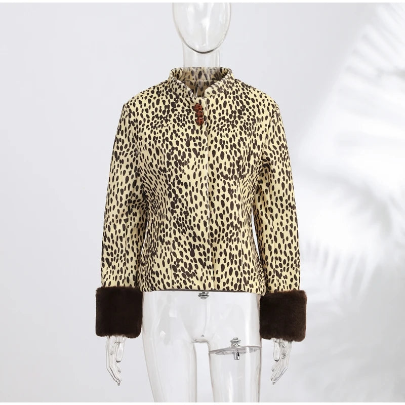 Street Leopard Print Fur Cuffs Jacket Women Stand Collar Full Sleeve Buttons Jackets 2026 Autumn Winter Fashion Lady Outwear