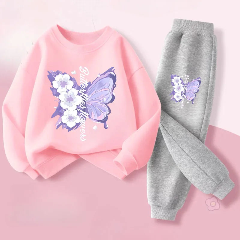 Girls' Butterfly Print Hoodie & Pants Set - 2-Piece Spring Tracksuit, Sizes 100-150