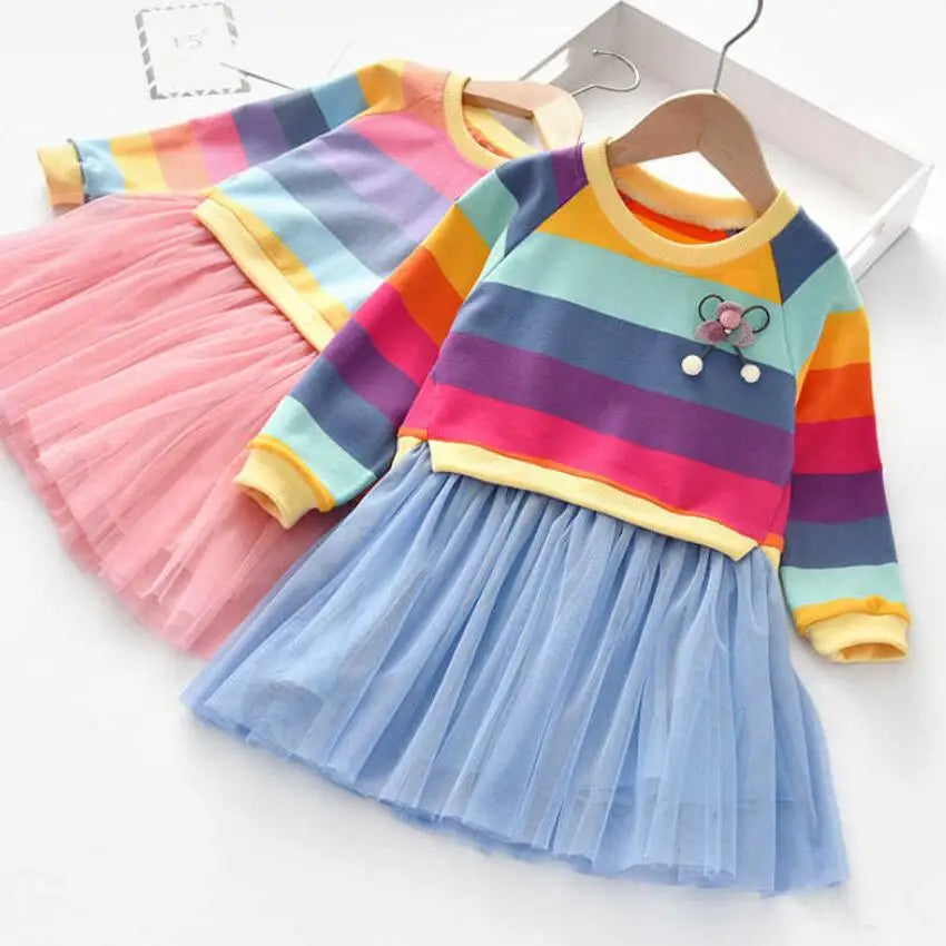 Girls' Rainbow Stripe Fleece Tutu Dress - Long Sleeve Autumn Princess Dress, 3T-7T