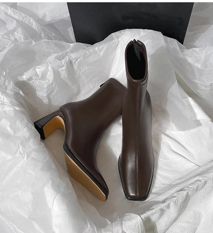 Botines de mujer con punta cuadrada, cremallera y tacón de bloque