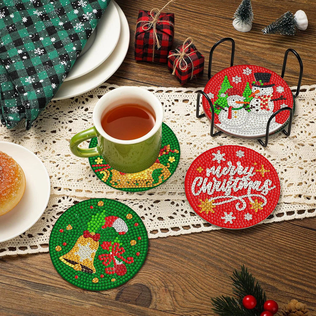 DIY Christmas Diamond Painting Coasters – Set of 8 with Holder