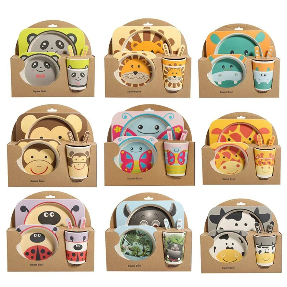 5-Piece Geometric Bamboo-Fibre Kids' Dinnerware Set