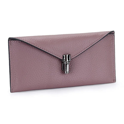 Cartera tipo sobre de cuero genuino para mujer – Clutch largo y delgado con cierre de seguridad