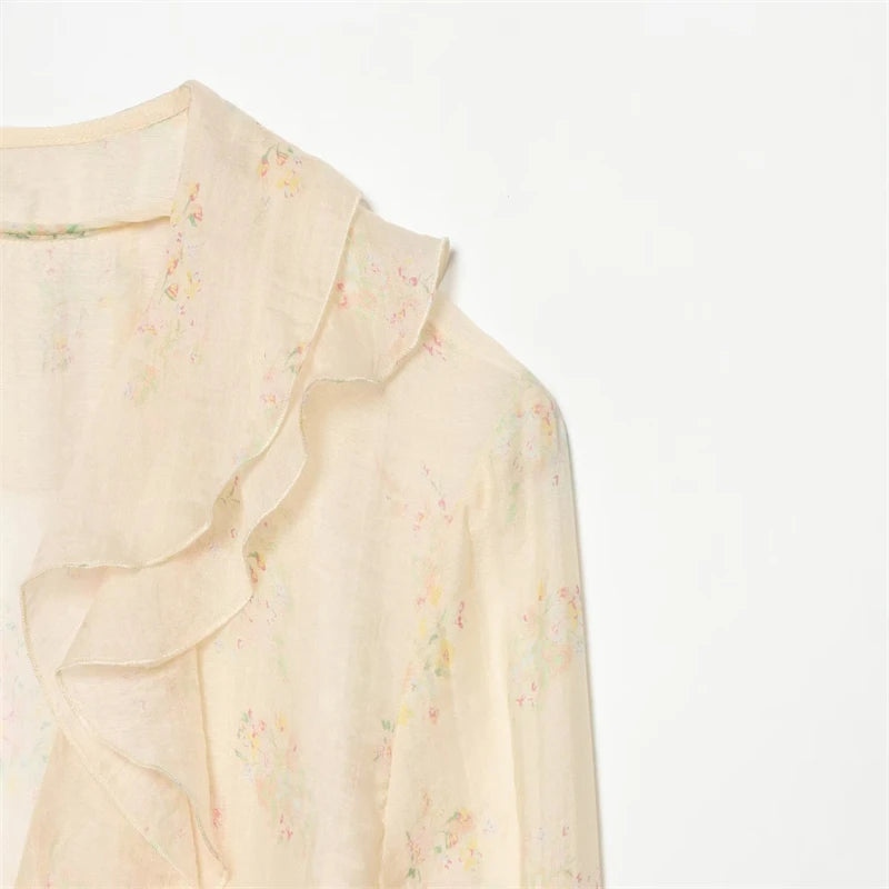Guobioziy Elegant Women Floral Print Chiffon Blouse Ruffle Trim V‑Neck Flare Sleeve Top For Dating Office Daily Outfi
