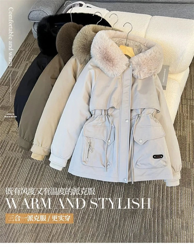 Streetwear Winter Short Parkas Women's Detachable Liner Cotton-padded Jackets Fur Collar Hooded Coats Lady Outerwear 3 Ways Wear