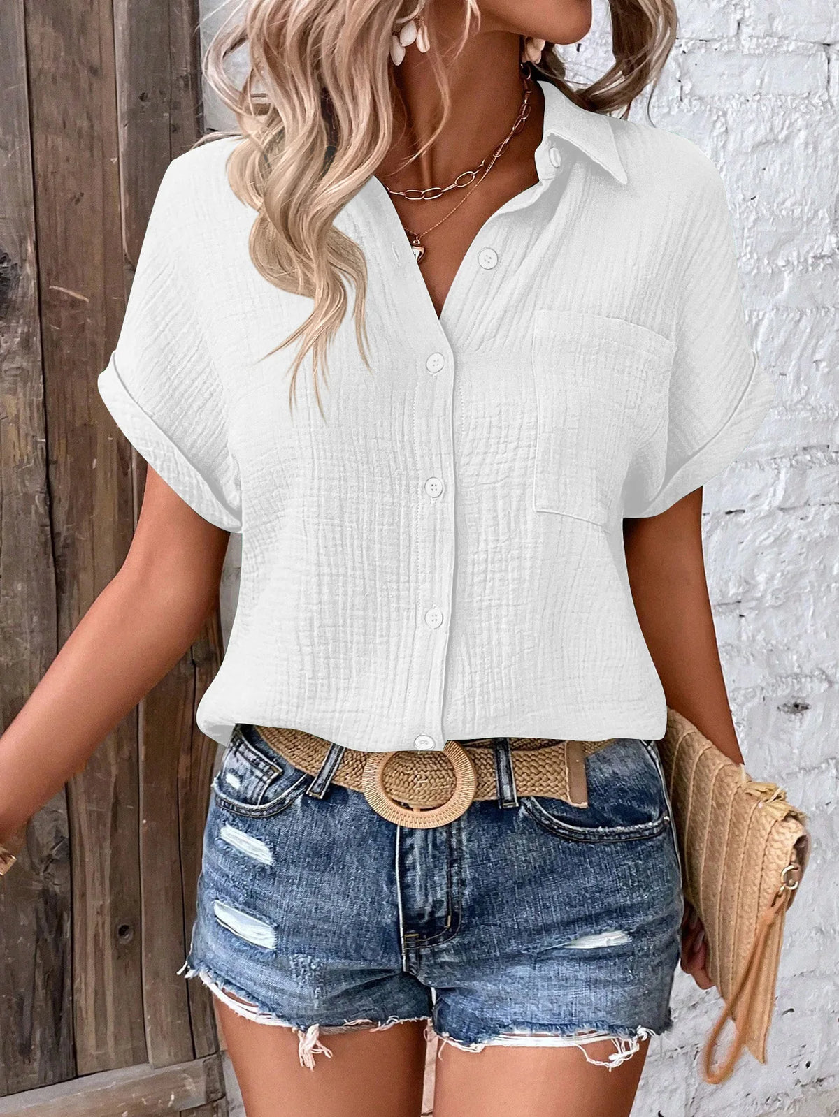 Women Casual Cotton Blouse Vintage Summer Short Sleeve Slim Shirt Elegant Turn Down Collar Solid Tunics Harajuku Streetwear Tops
