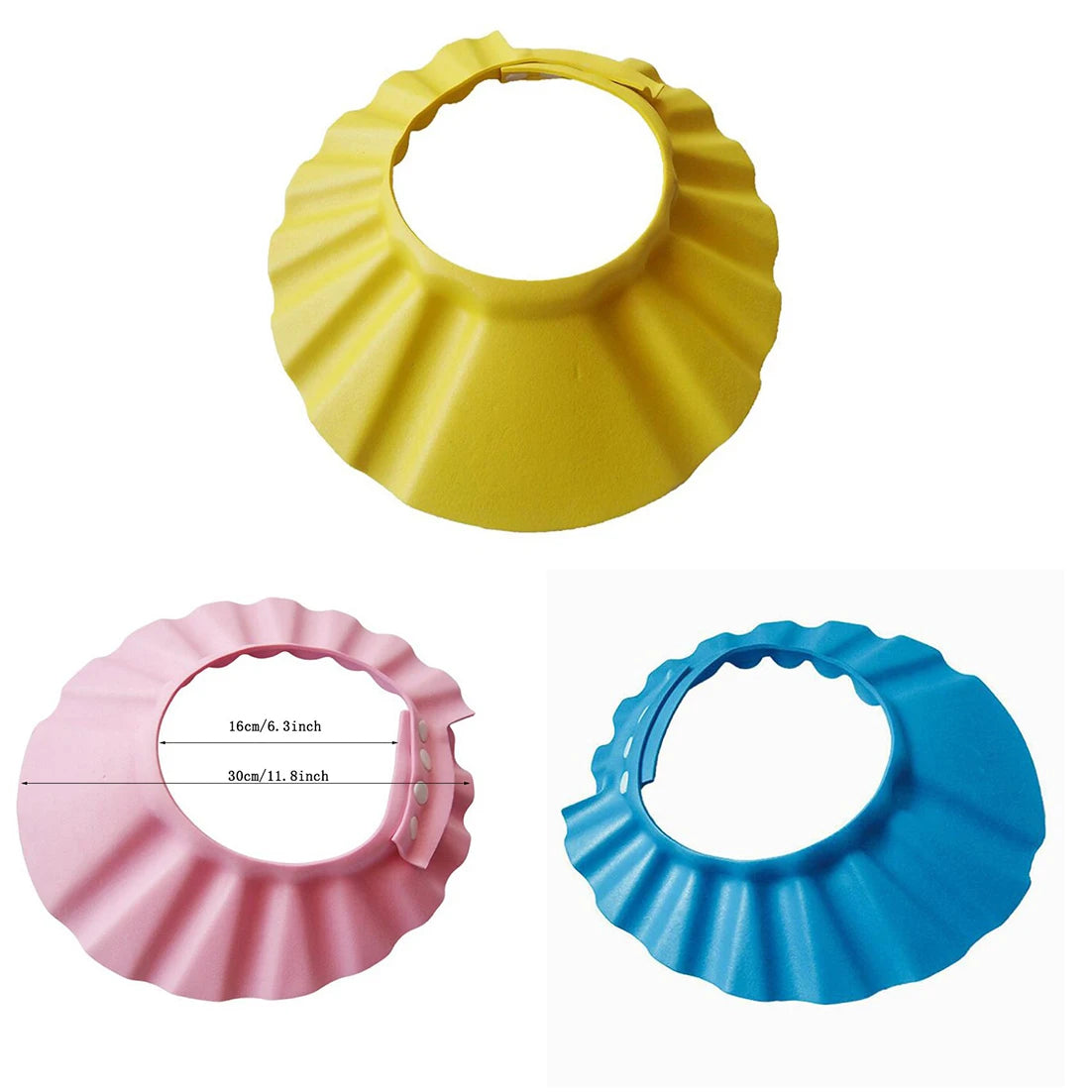 Three plastic shower or shampoo cap sleeves shown on a white background: a yellow one at the top and two smaller ones at the bottom in pink and blue. The pink one includes overlaid dimension markings reading 16cm/6.