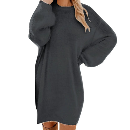 Knie-langes Damen-Strickkleid mit Rundhalsausschnitt