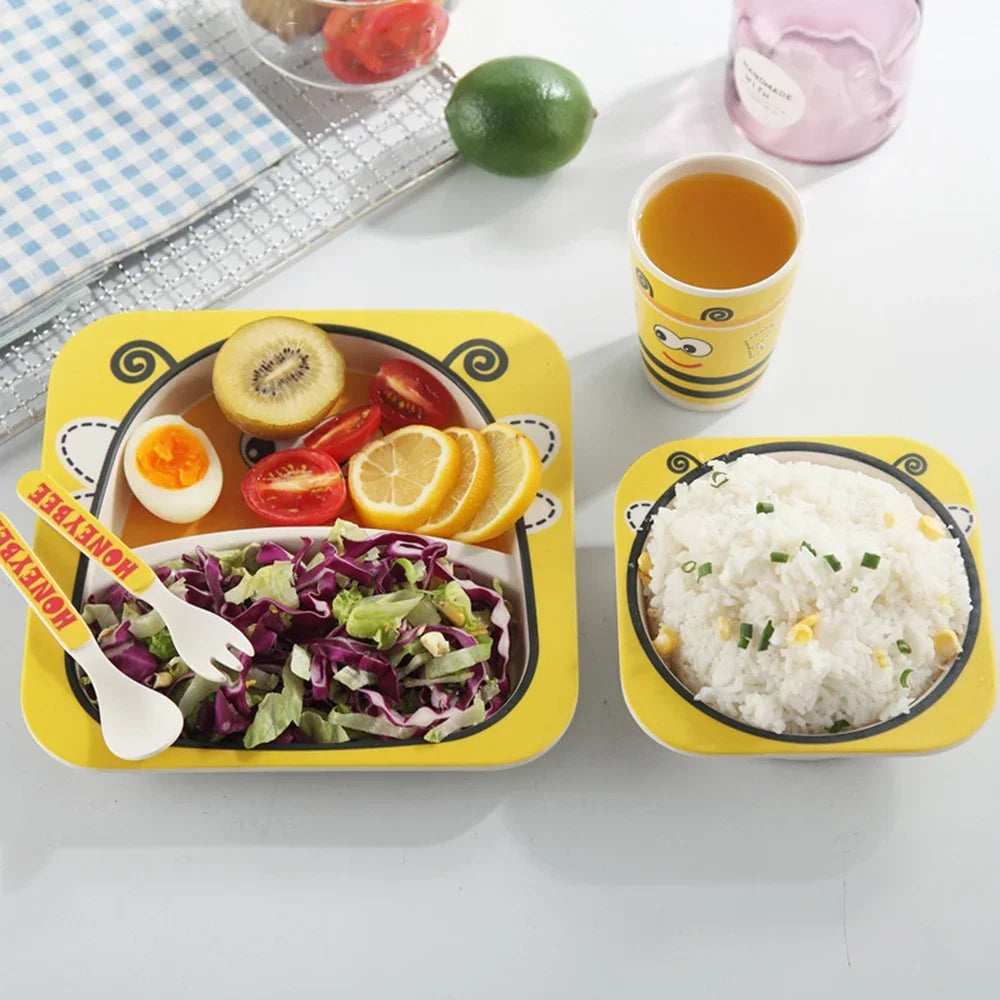 5-Piece Geometric Bamboo-Fibre Kids' Dinnerware Set