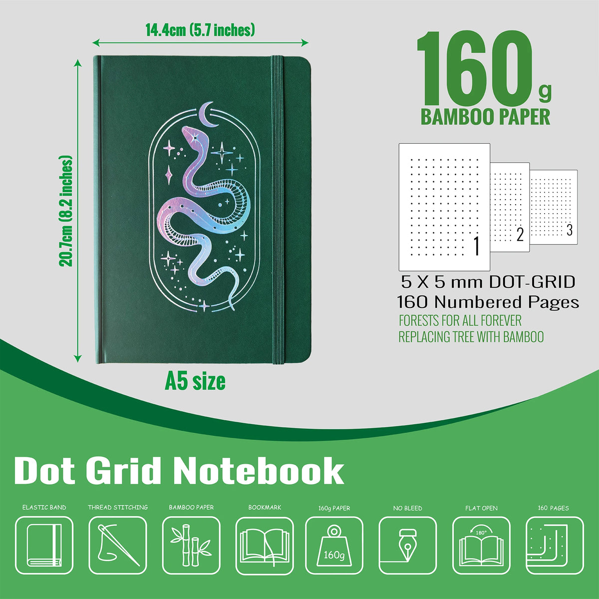 A5 Dot Grid Notebook with Numbered Pages, Ultra Paper 160gsm, Rounded Corners, Faux PU Cover, Bujo Style