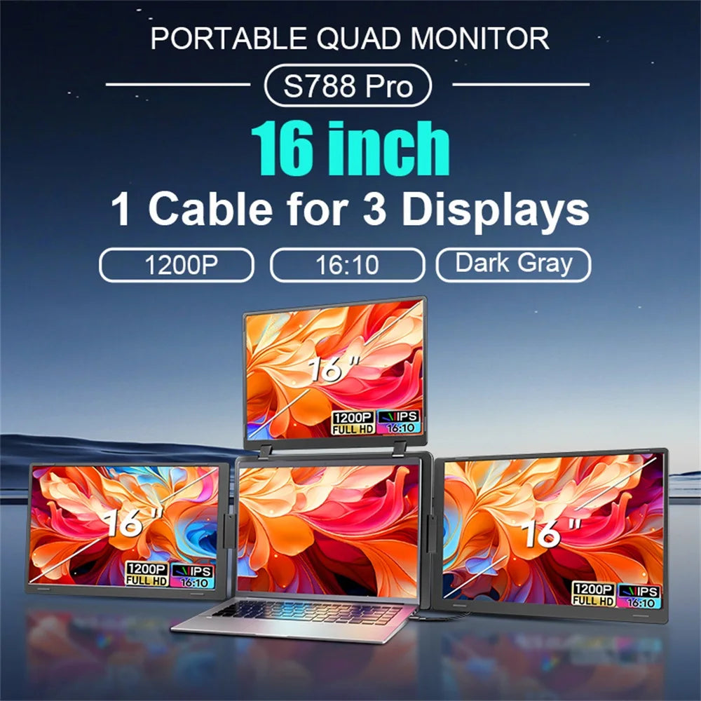 Rospider Portable Triple Screen Extender for Laptops – 14" to 18.5", FHD IPS, Foldable, Compatible with MacBook & Windows