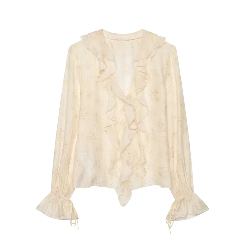 Guobioziy Elegant Women Floral Print Chiffon Blouse Ruffle Trim V‑Neck Flare Sleeve Top For Dating Office Daily Outfi