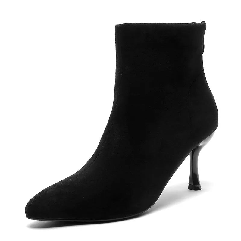 Suede Pointy Toe Ankle Boots Zipper Thin Heels Size 31-43 Winter Short Boots for Women High Heels Big Size High Heels