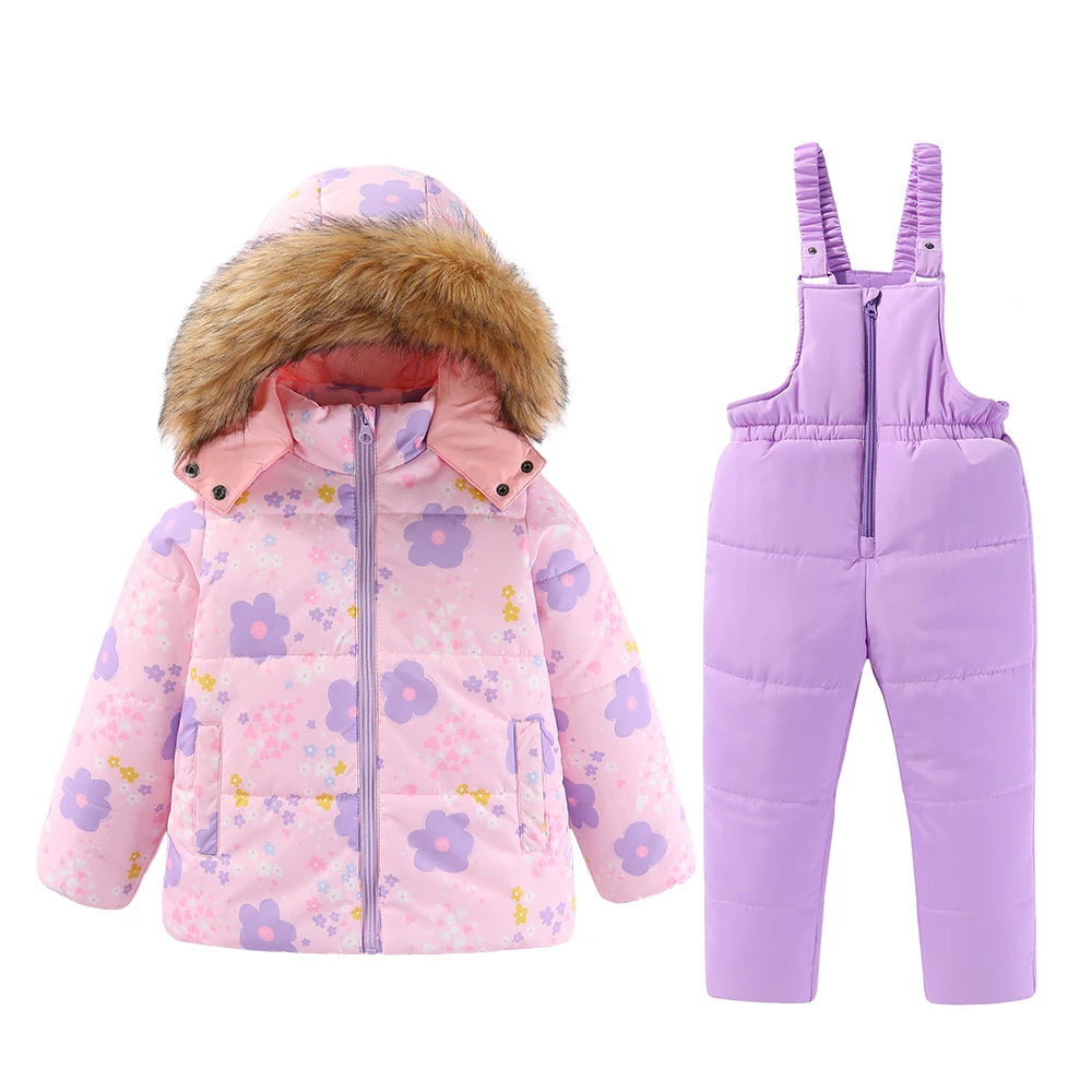 4-8T Kids Girls Ski Suits Hooded Snowboard Coats Children Winter Warm Pant Outdoor Sportwear Thick Cotton Snowboard Skiing Suit
