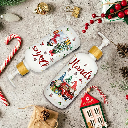 Lot de 2 distributeurs de savon gnomes de Noël avec plateau – Décoration de fêtes pour cuisine et salle de bain