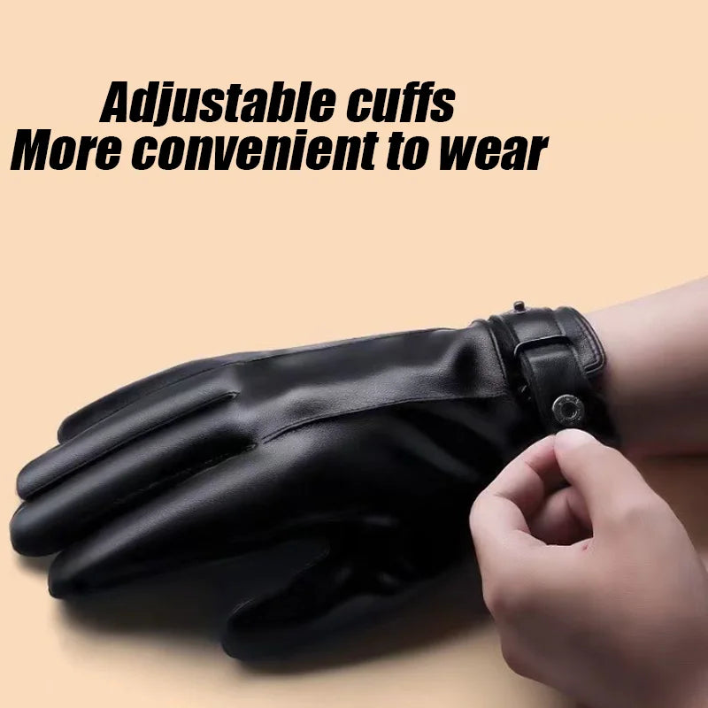 Men's Velvet-Lined Faux Leather Winter Gloves – Black