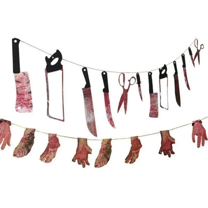 Banner a ghirlanda per Halloween Horror con armi sanguinose – Decorazioni per feste a tema zombie e vampiri per bar e club
