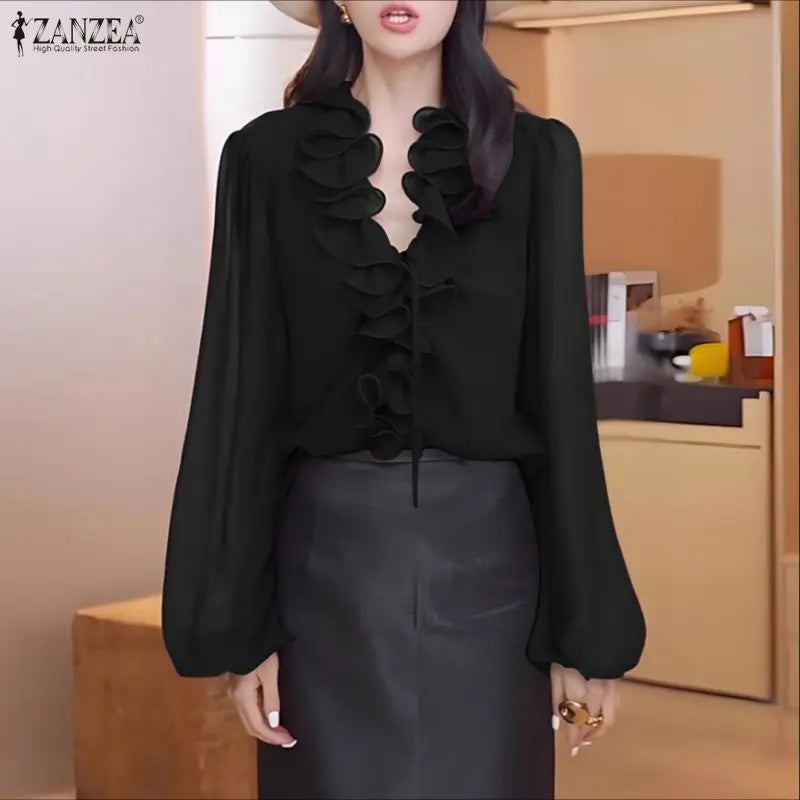 Ruffle Lace-Up Lantern-Sleeve Blouse