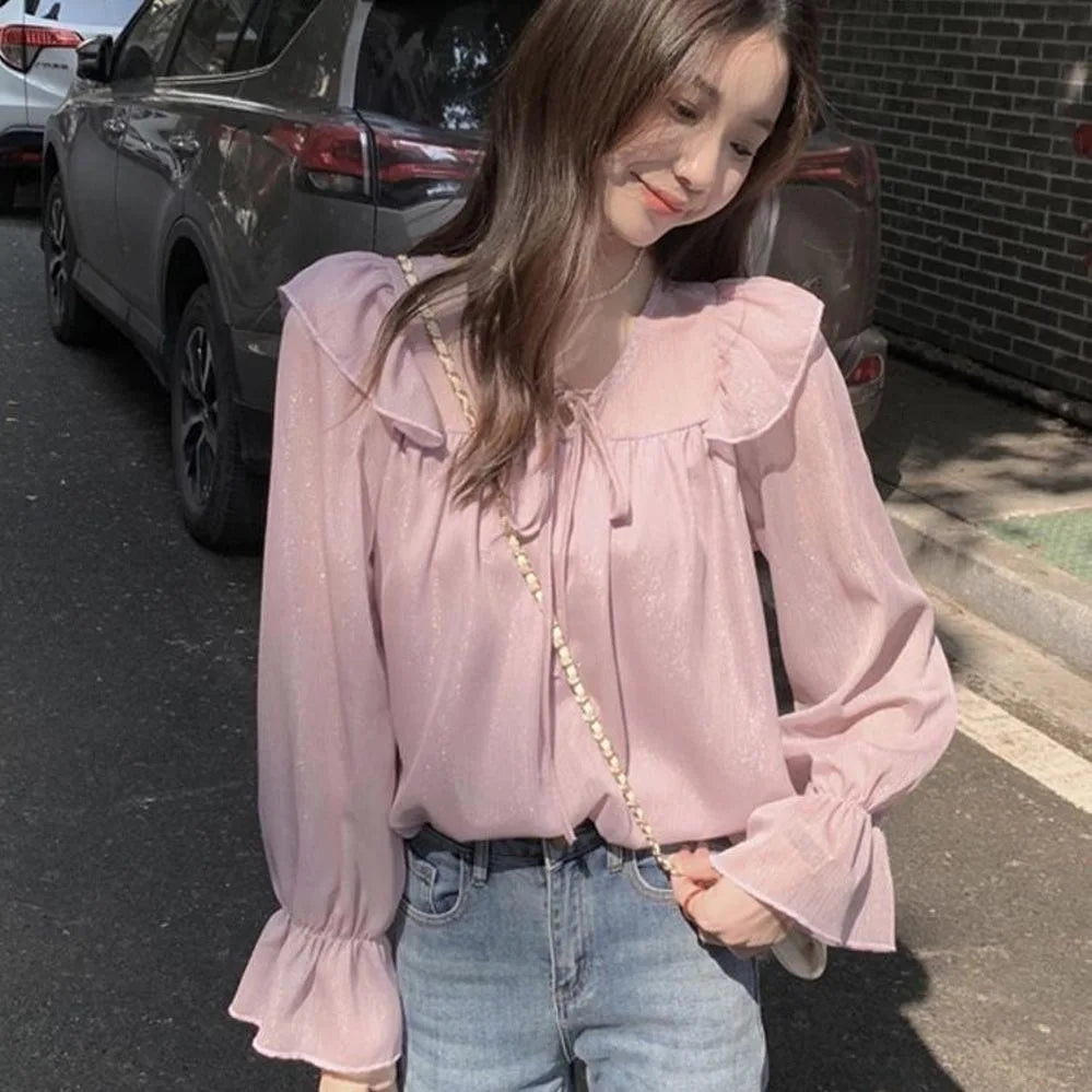 V-Neck Lace-Trim Chiffon Blouse