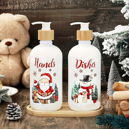 Lot de 2 distributeurs de savon gnomes de Noël avec plateau – Décoration de fêtes pour cuisine et salle de bain