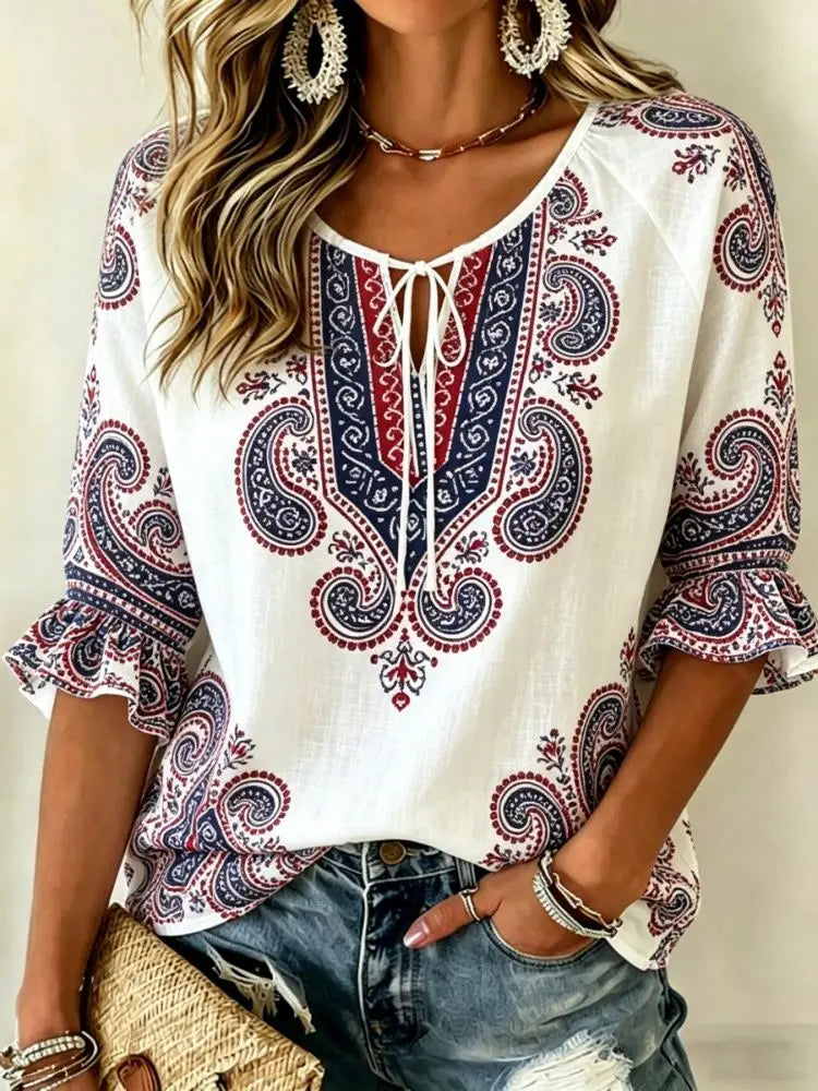 Women's Red & White Floral Embroidered Tie Neck Blouse, Casual Loose Tops for Spring Summer Daily Wear & Vacation Occasions