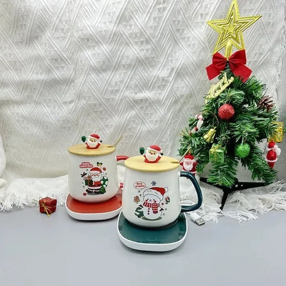 Santa Mug Warmer Gift Set – Ceramic Mug with Lid, Spoon & 55°C Warming Coaster