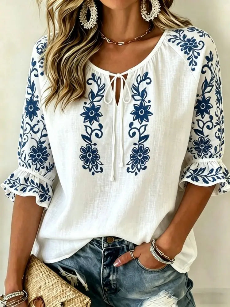 Women's Red & White Floral Embroidered Tie Neck Blouse, Casual Loose Tops for Spring Summer Daily Wear & Vacation Occasions