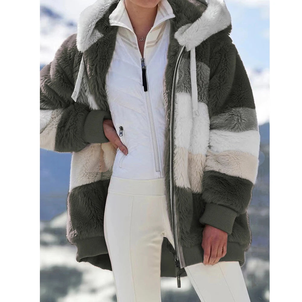 Winter Fashion Women's Coat 2026 Hooded Zipper Ladies Jacket Spliced Thick Cashmere Women Jacket Stitching Plaid Ladies Coats