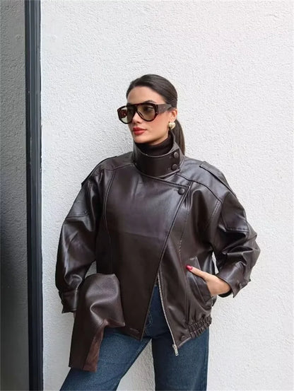 Chaqueta de cuero sintético con cremallera para mujer Guobioziy