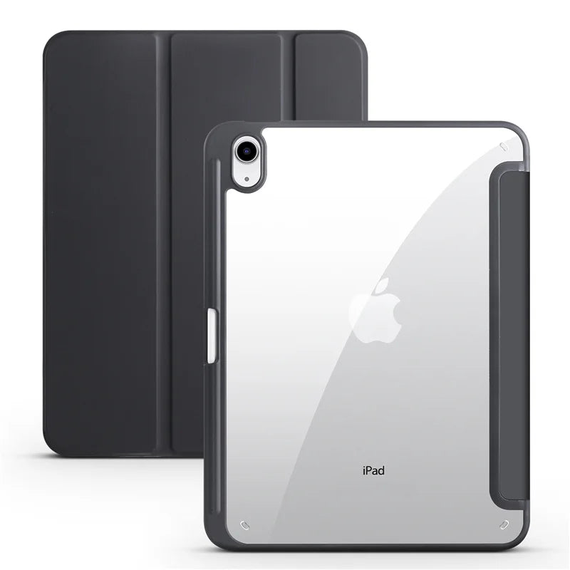 Black and clear tablet case with 'iPad' branding on a white background