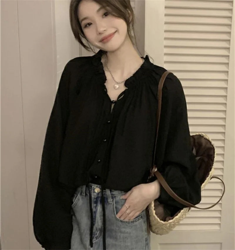 French Solid Color Leisure Women Sweet Solid Color V-neck Ruffled Edge Pullover Shirt Female Loose Fitting Lantern Sleeve Blouse