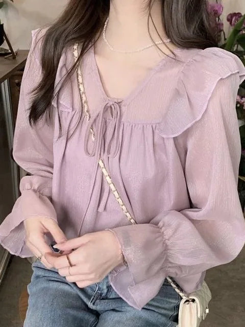 V-Neck Lace-Trim Chiffon Blouse