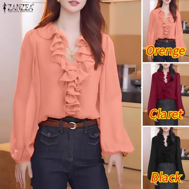 Ruffle Lace-Up V-Neck Blouse