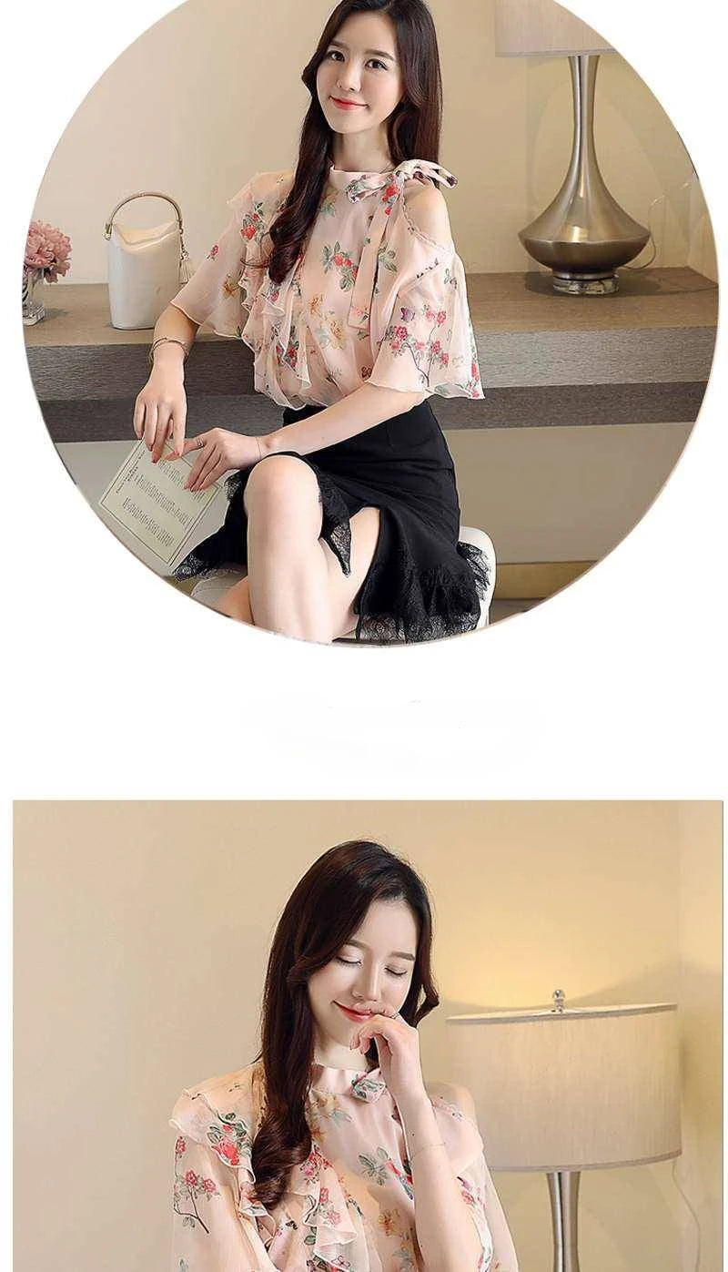 Chiffon Female Tops Floral with Puffy Sleeves Women's Shirt Blouse Modern Long Tall Elegant Luxury Korean Popular Clothes Pretty