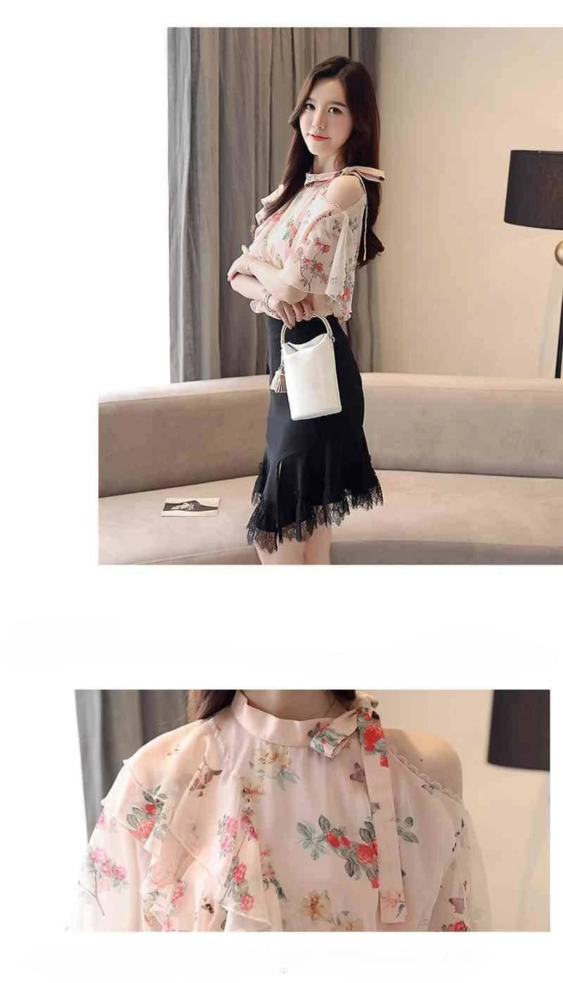 Chiffon Female Tops Floral with Puffy Sleeves Women's Shirt Blouse Modern Long Tall Elegant Luxury Korean Popular Clothes Pretty