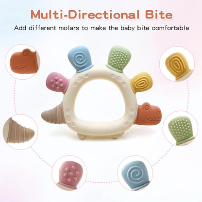 Anneau de dentition en silicone bébé dinosaure – Jouet de mastication pour nourrisson sans BPA, facile à saisir et cadeau de naissance