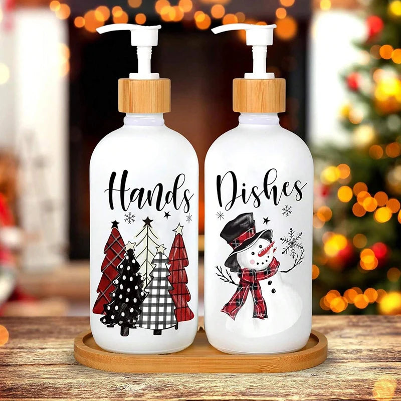 Lot de 2 distributeurs de savon gnomes de Noël avec plateau – Décoration de fêtes pour cuisine et salle de bain