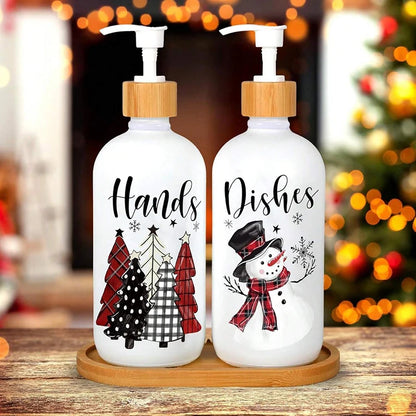 Lot de 2 distributeurs de savon gnomes de Noël avec plateau – Décoration de fêtes pour cuisine et salle de bain