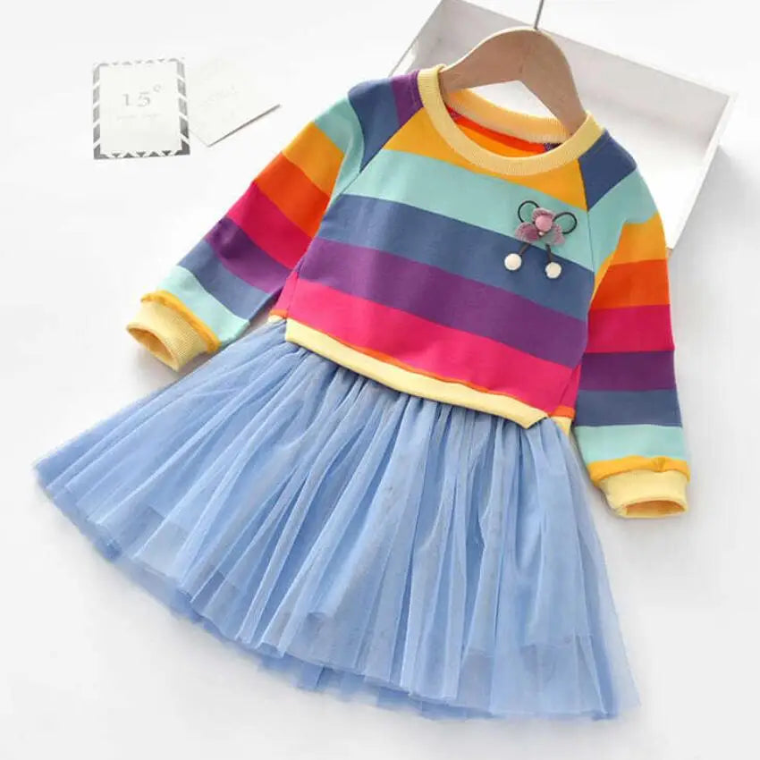 Girls' Rainbow Stripe Fleece Tutu Dress - Long Sleeve Autumn Princess Dress, 3T-7T