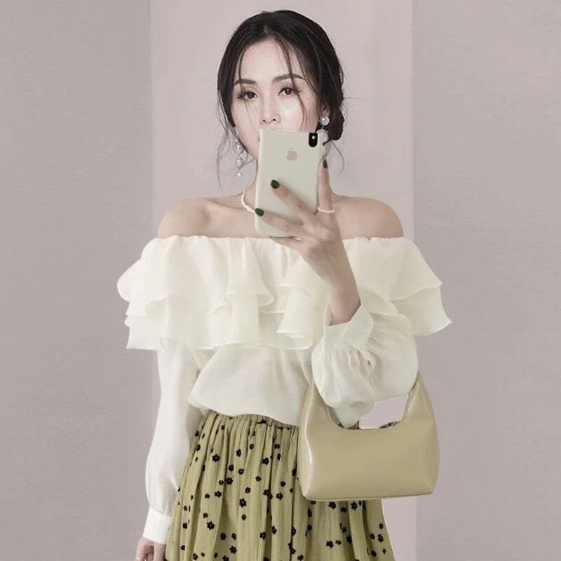 2026 Korean Elegant Sweet Lyocell Blouse Fashion Autumn Off Shoulder Ruffle Slash Neck Long Sleeve Shirt Plus Size Spring Tops