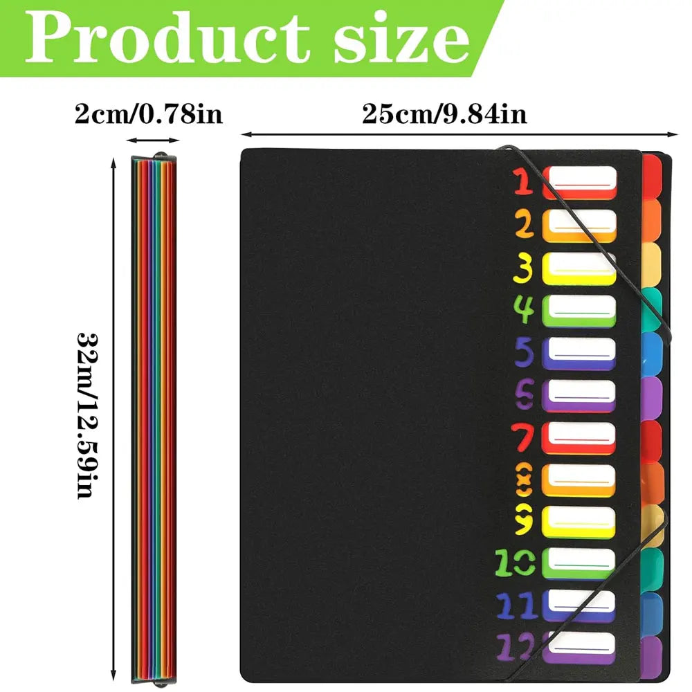 A4 expandable file folder with 12 compartments and 24 pockets, for organizing and storing documents and office supplies.