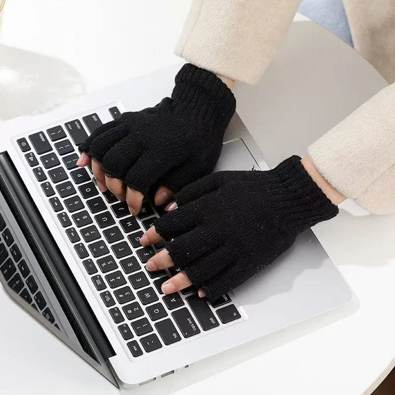 Thick Knit Fingerless Gloves – Unisex Black Half-Finger Gloves