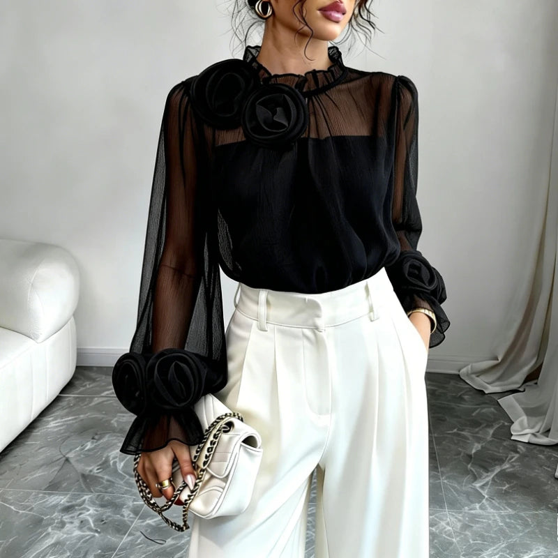Women's Magenta Sheer Chiffon Blouse 3D Floral Appliqué Ruffled Mock Neck Puff Long Sleeve Loose Casual Summer Daily Party Top