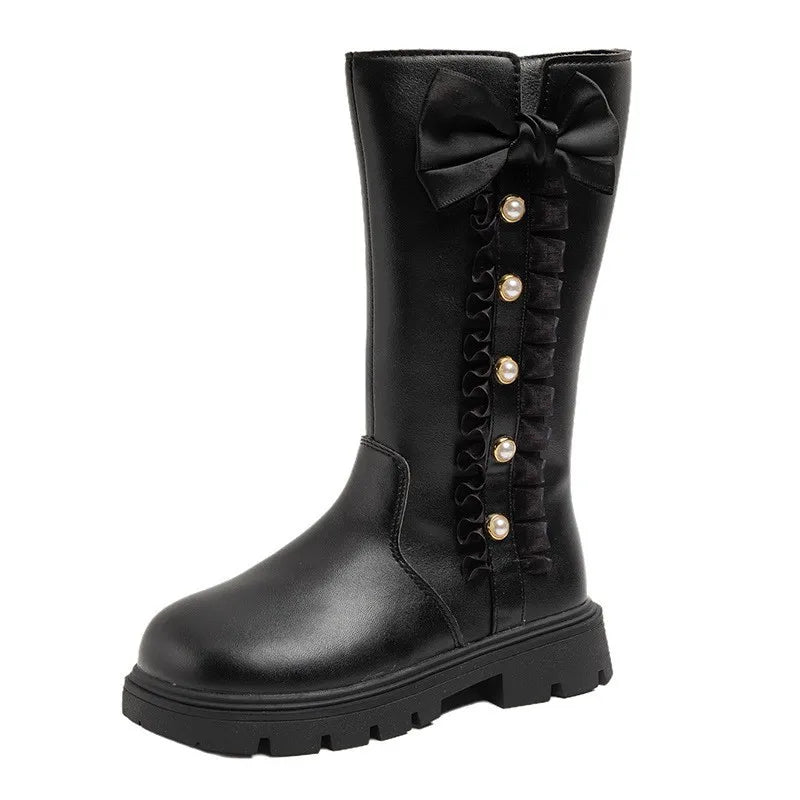 Girls' Waterproof Knee-High Boots with Bow & Lace