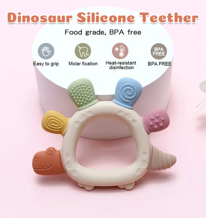 Anneau de dentition en silicone bébé dinosaure – Jouet de mastication pour nourrisson sans BPA, facile à saisir et cadeau de naissance