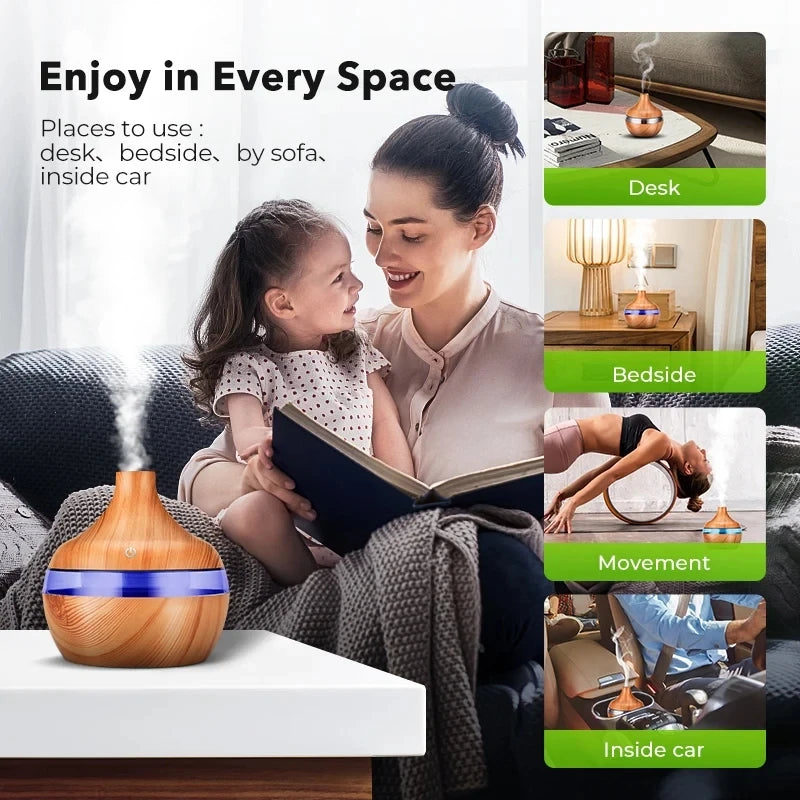 Humidificateur électrique diffuseur d'arômes en bois ultrasonique, humidificateur d'air diffuseur d'huiles essentielles brumisateur froid pour la maison 300 ml