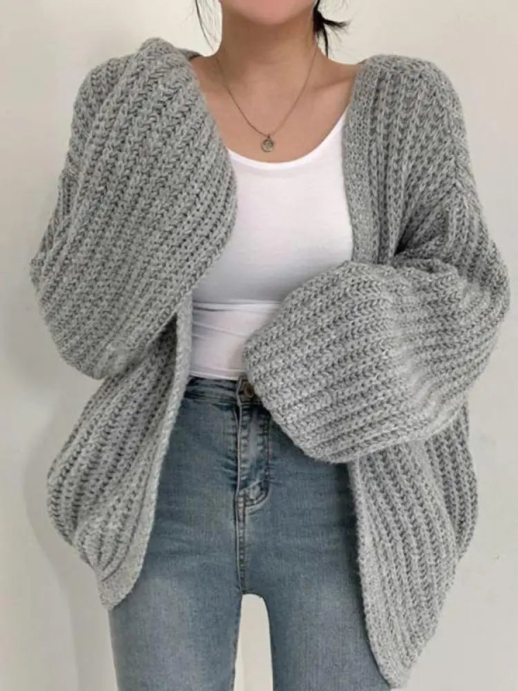 Women's Lantern-Sleeve Knit Cardigan – Relaxed Open-Front Sweater
