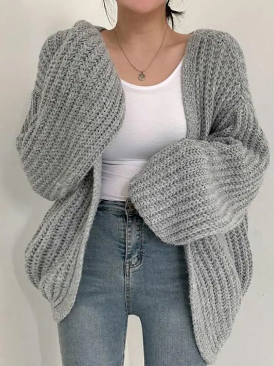 Cárdigan de punto para mujer con mangas farol – Suéter holgado abierto por delante